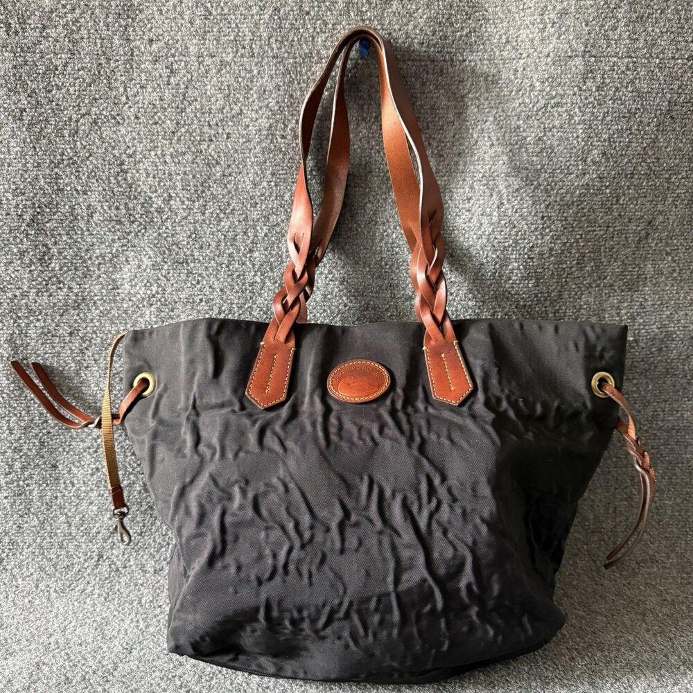 VTG Dooney & Bourke Black Nylon Shopper Tote Bag Brown Braided Leather Handles